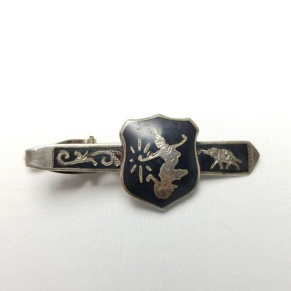 Vintage Thai Siam Sterling Silver Black Enamel Bar Tie Pin Clip, Estate - Picture 5 of 5